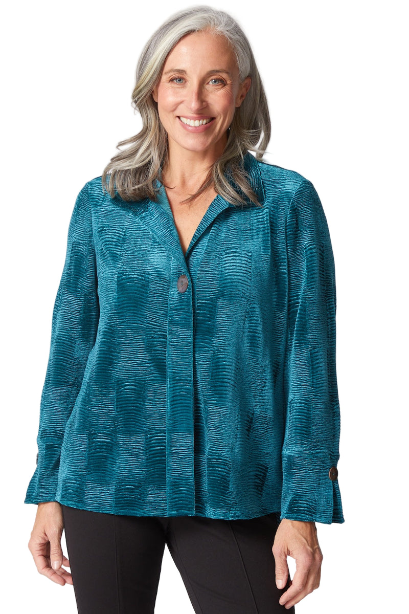 Soft Textured Crushed Velvet Hidden Placket Swing Shirt - 54746