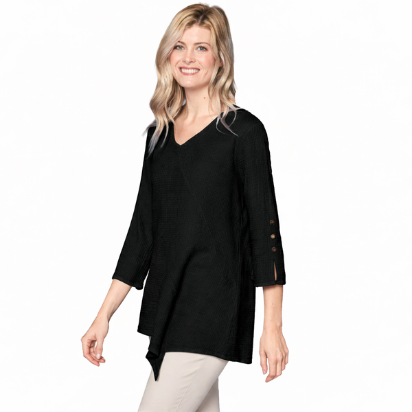 Asymmetric V-Neck Waffle Tunic in Black - LW102-BK