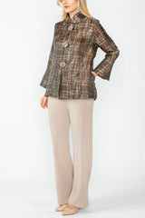 Elegant Jacquard Stand Collar Jacket in Chocolate - 5518J - Size M Only!