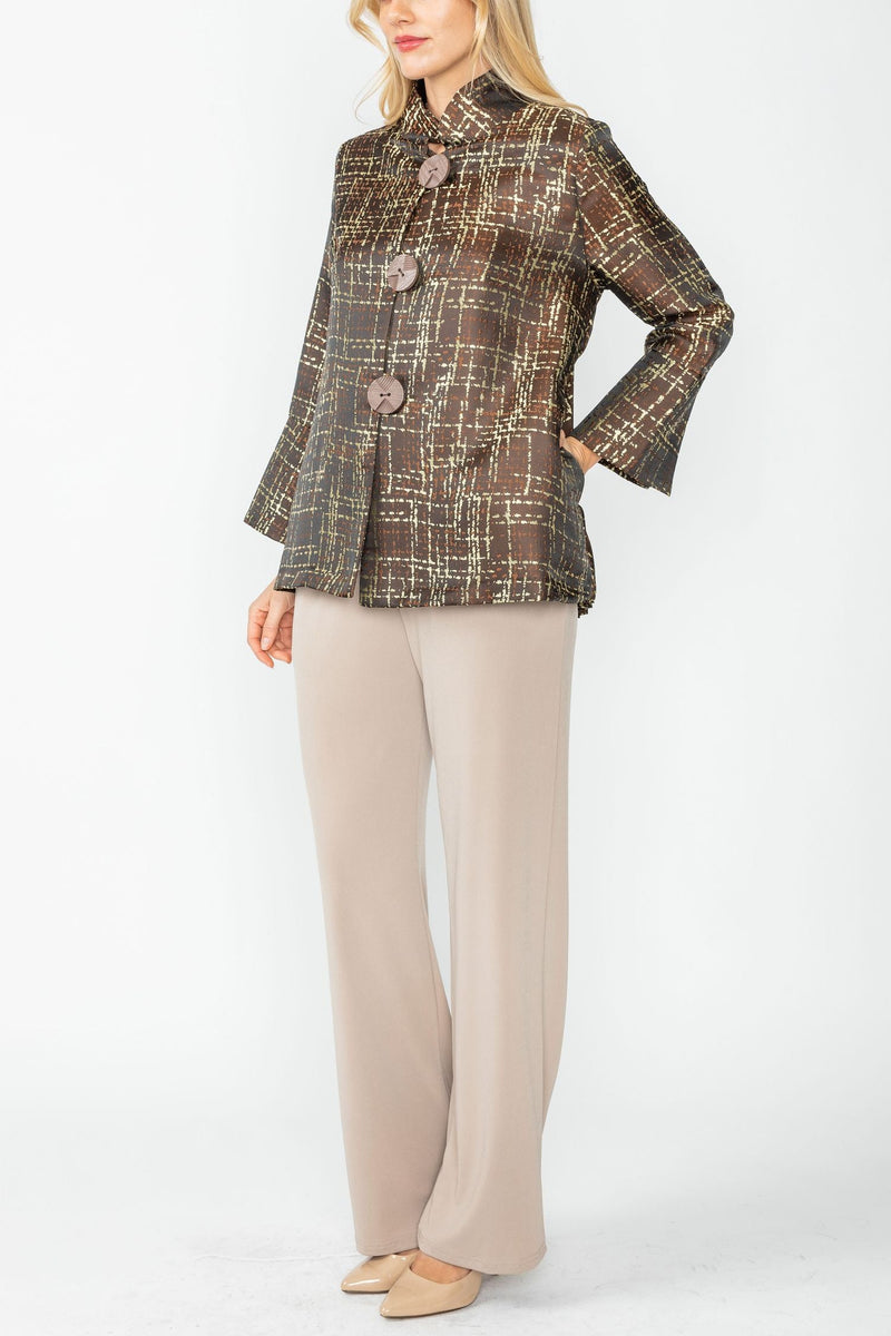 IC Collection Jacquard Stand Collar Jacket in Chocolate - 5518J