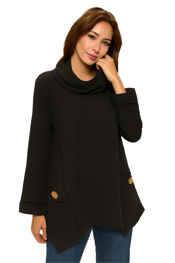 Cowl-Neck Waffle Tunic in Black Coffee - FW153-BLK - Sizes S & M