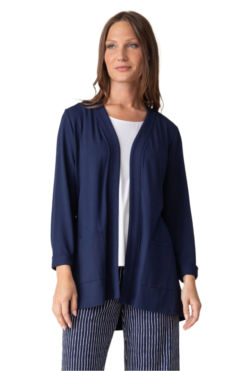 Long Shirred Back Open Front Cardigan in Navy - 55935-NVY