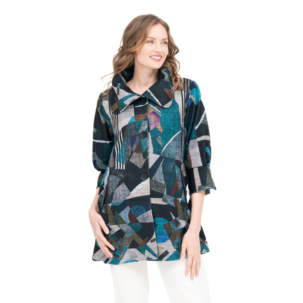 Abstract Herringbone Swing Coat in Teal - 4903-TL