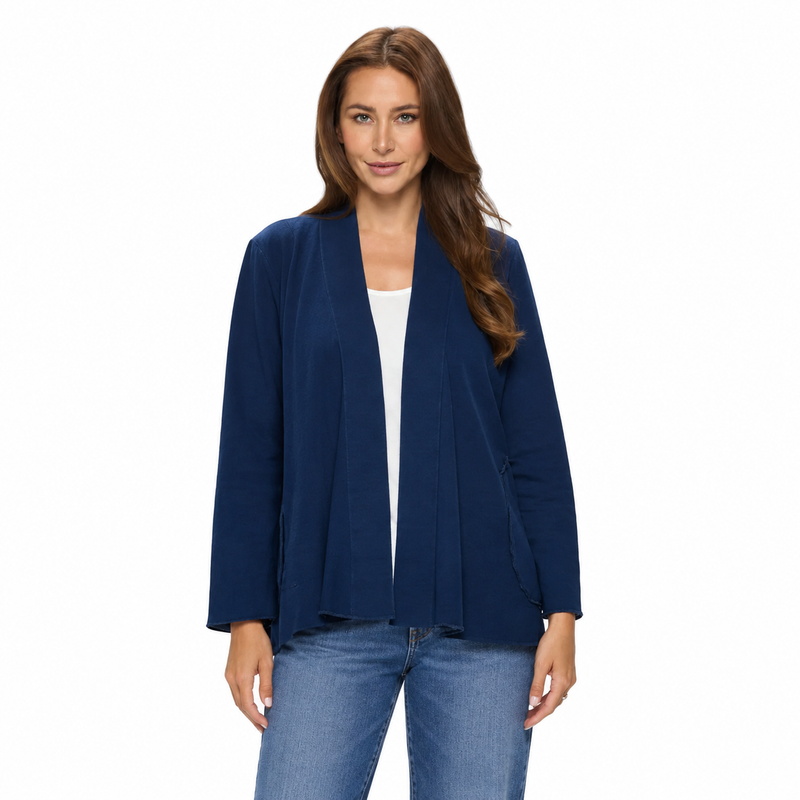 Soft Stretch Knit Open-Front Cardigan in Indigo - D202