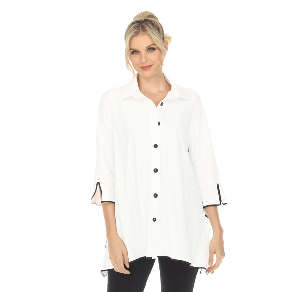 IC Collection Contrast-Trim Blouse in White/Black- 5661B-WHT