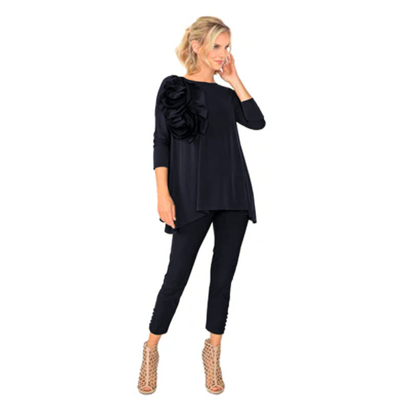 IC Collection Solid 3D Rose Applique Tunic in Black - 5871T-BLK