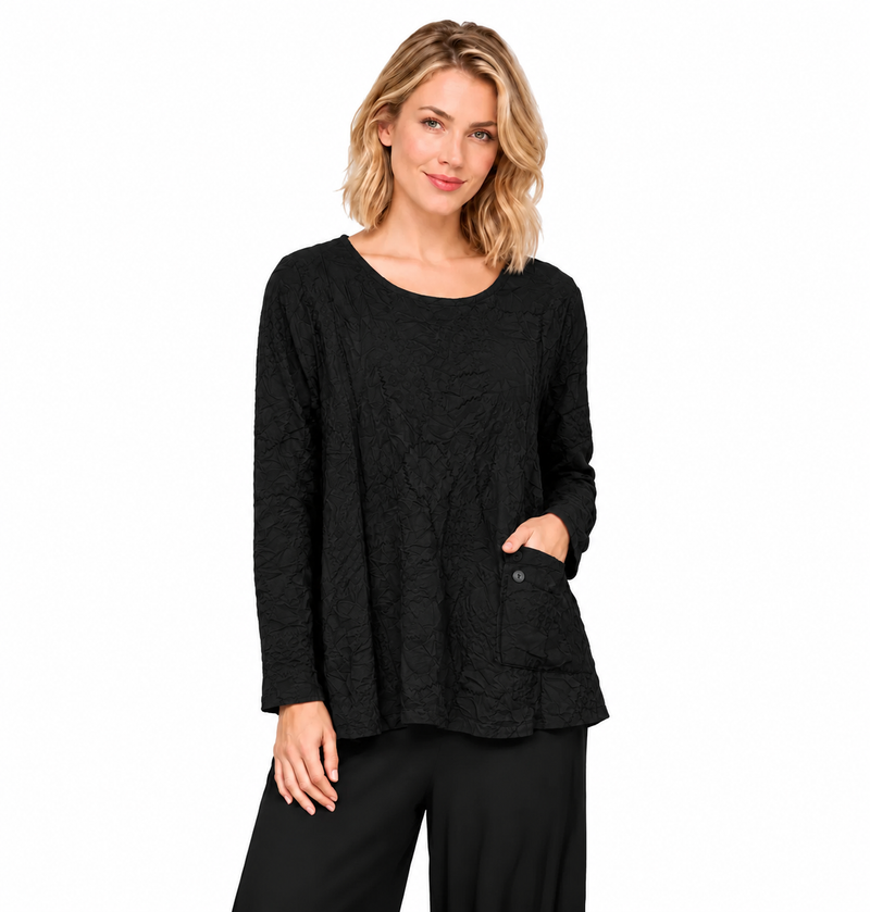 Gizel Crinkled-Knit Top in Black - CB62317