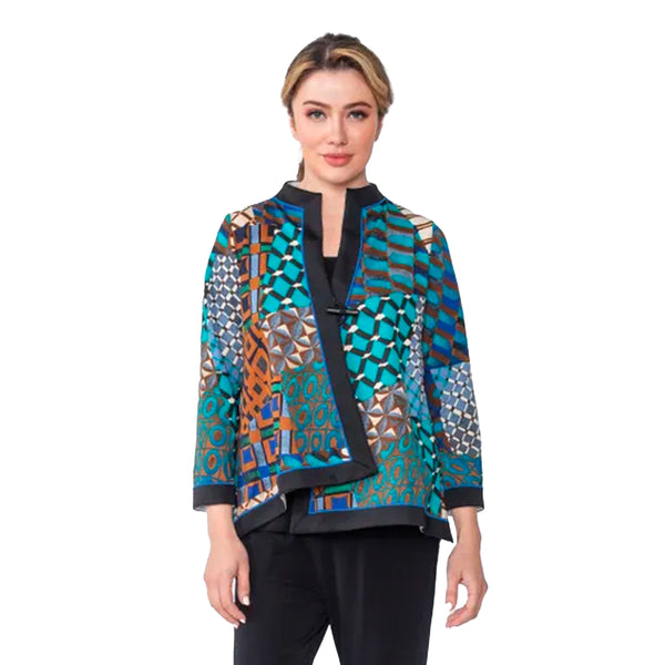 IC Collection Mixed-Print Asymmetric Jacket in Teal Multi - 5066J