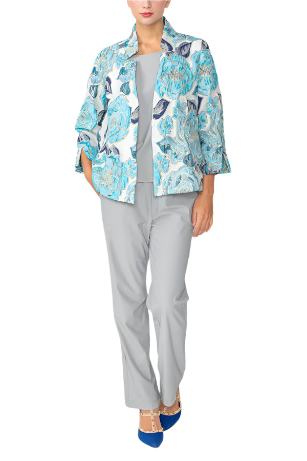Floral Jacquard Open Front Jacket in Blue - 6099J-BLU - Sizes S & M Only!