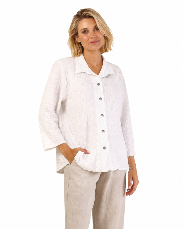 Seersucker Button Front Shirt in White - 46971