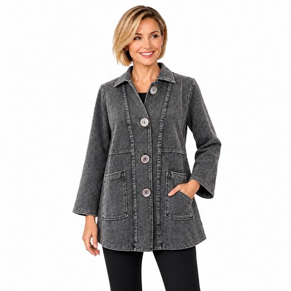 Leopard Denim Knit Coat in Charcoal/Black - D228-BLK