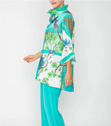 "Mixed Blossoms" High-Low Shirt in Turquoise - 6137T