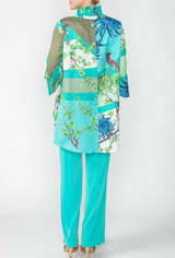 "Mixed Blossoms" High-Low Shirt in Turquoise - 6137T