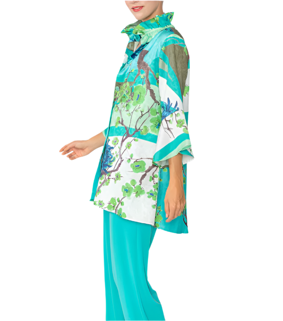 Asian Inspired Floral Print High-Low Blouse/Jacket in Turquoise - 6137T