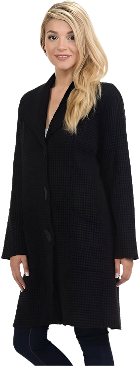 Long Button Up Waffle Jacket in Black - BW-111-BLK - Size M Only!