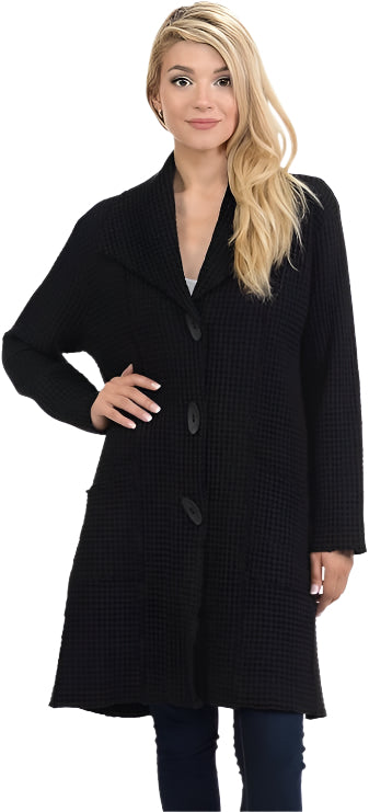 Long Button Up Waffle Jacket in Black - BW-111-BLK - Size M Only!