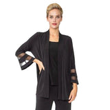 Mesh Trim Open Front Cardigan in Black - 6268J- BLK