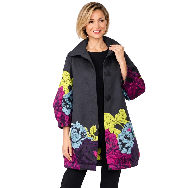Floral EmbroideredJacquard Jacket in Multi on Black - 7212J