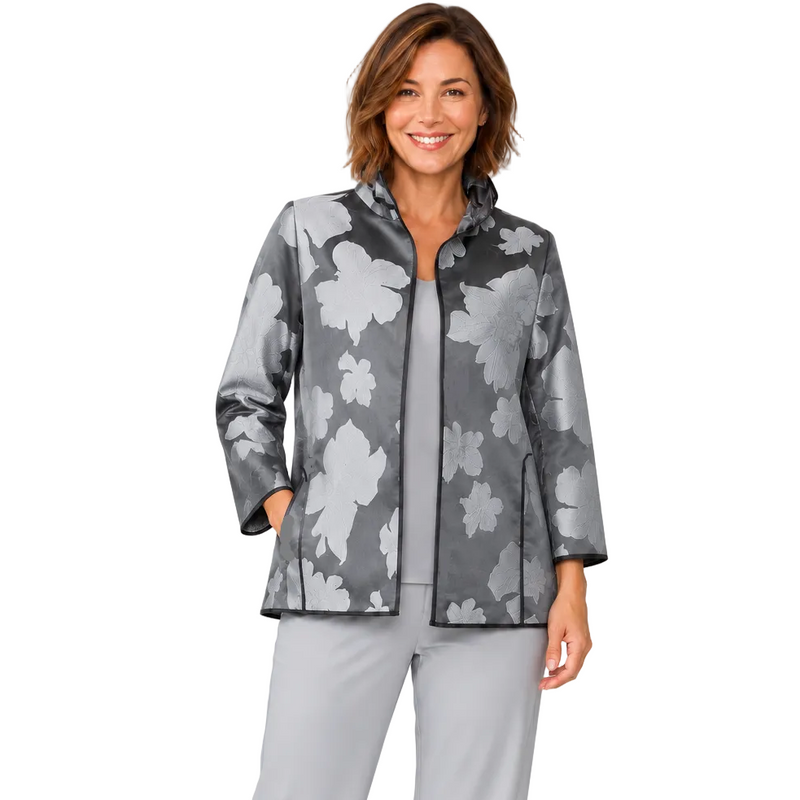 Floral Jacquard Open-Front Jacket in Charcoal - 4757J-CH