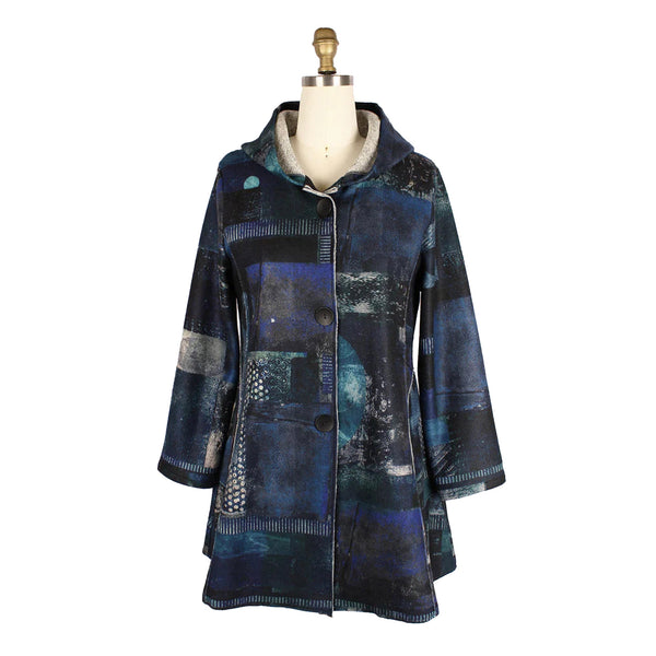 Abstract Design Hooded Flannel Coat in Blue/Multi - 4904-BLU