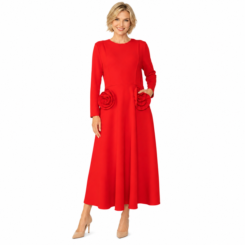 Red Rosette Midi Dress in Red - 6701D-RD - Size L Only!