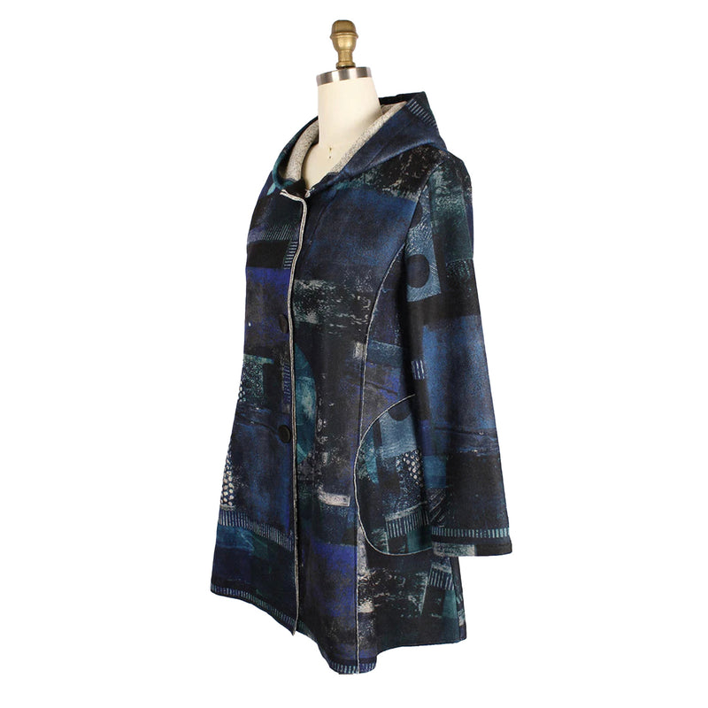 Damee Abstract Design Hooded Flannel Coat in Blue/Multi - 4904-BLU