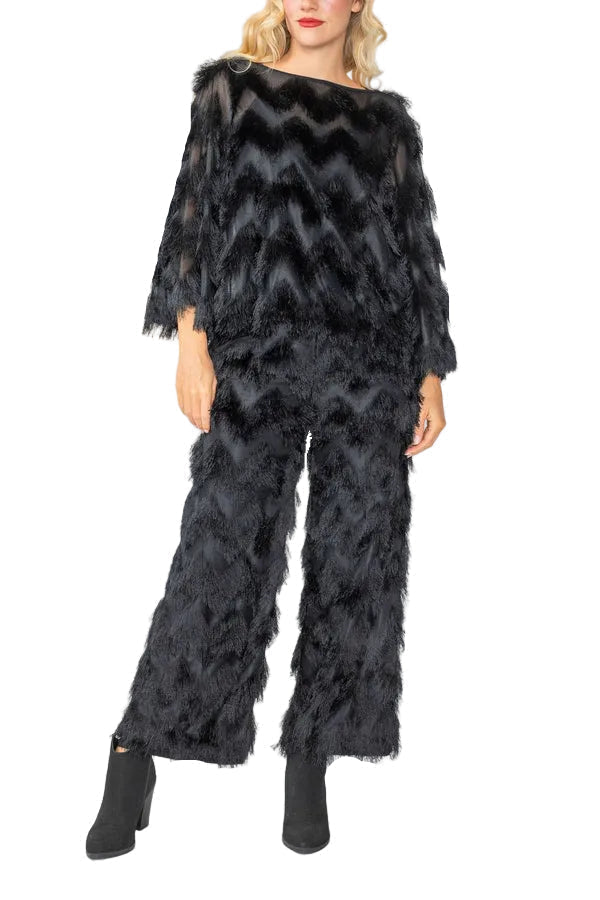 Fringe Embellished Mesh Pant in Black - 6936P-BLK