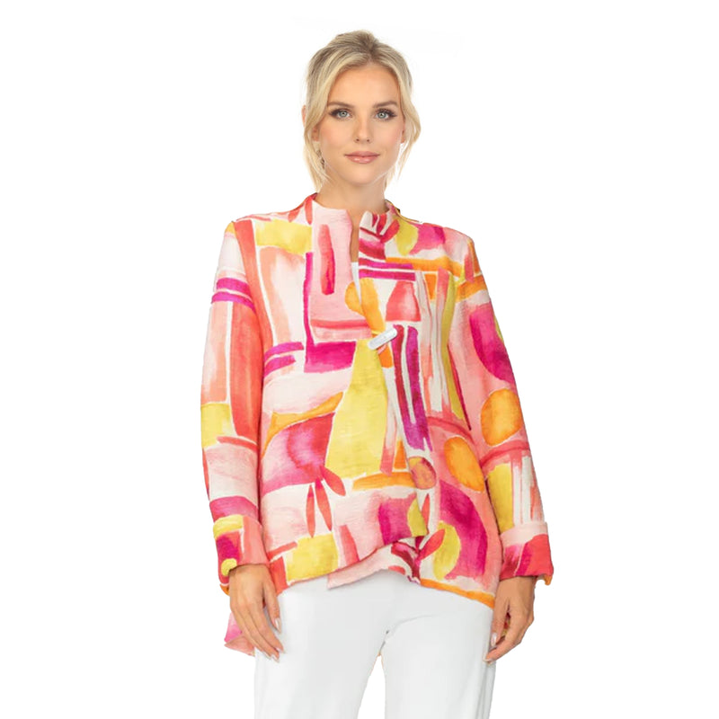 Abstract-Art-Print Asymmetric Jacket in Pink/Multi - 6854J-PNK