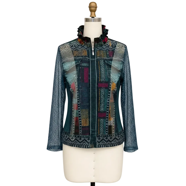 Just In! Geometric & Denim Print Mesh Jacket & Soft Knit Tank - 31456