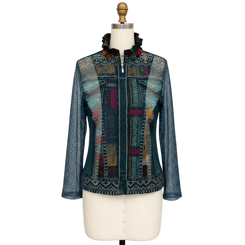 Just In! Geometric & Denim Print Mesh Jacket & Soft Knit Tank - 31456