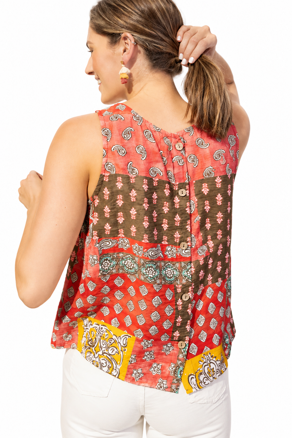 Patchwork Paisley Top in Coral  - 36017