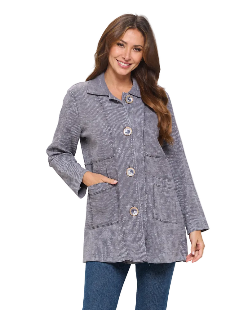 Mineral-Washed Ribbed Textured Knit Jacket in Charcoal - ST407-MWCH