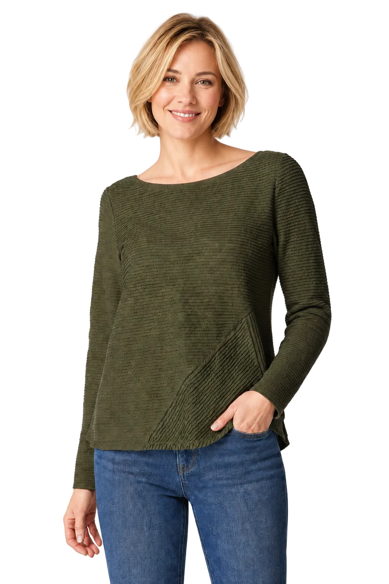 Mixed Direction Ribbed Cotton Top in Forest Green - 16030
