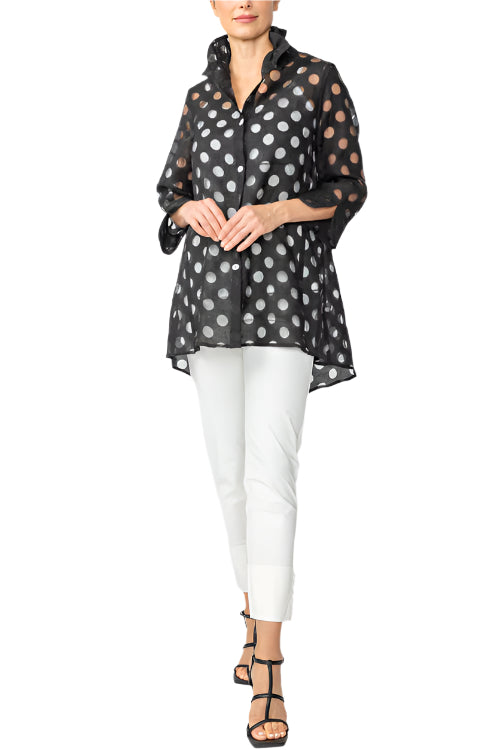 Polka-Dot Sheer High-Low Blouse in Black - 7032J-BLK