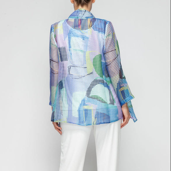 Colorful Abstract Mesh Shawl Collar Jacket  - 7036J