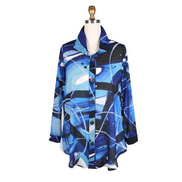 Damee "Orbits" Abstract Print Long Tunic Shirt in Blue/Multi - 7098-BLU