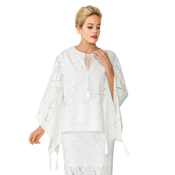 IC Collection Laser Cut Poncho Top W/ Tassels in White - 4647T-WT