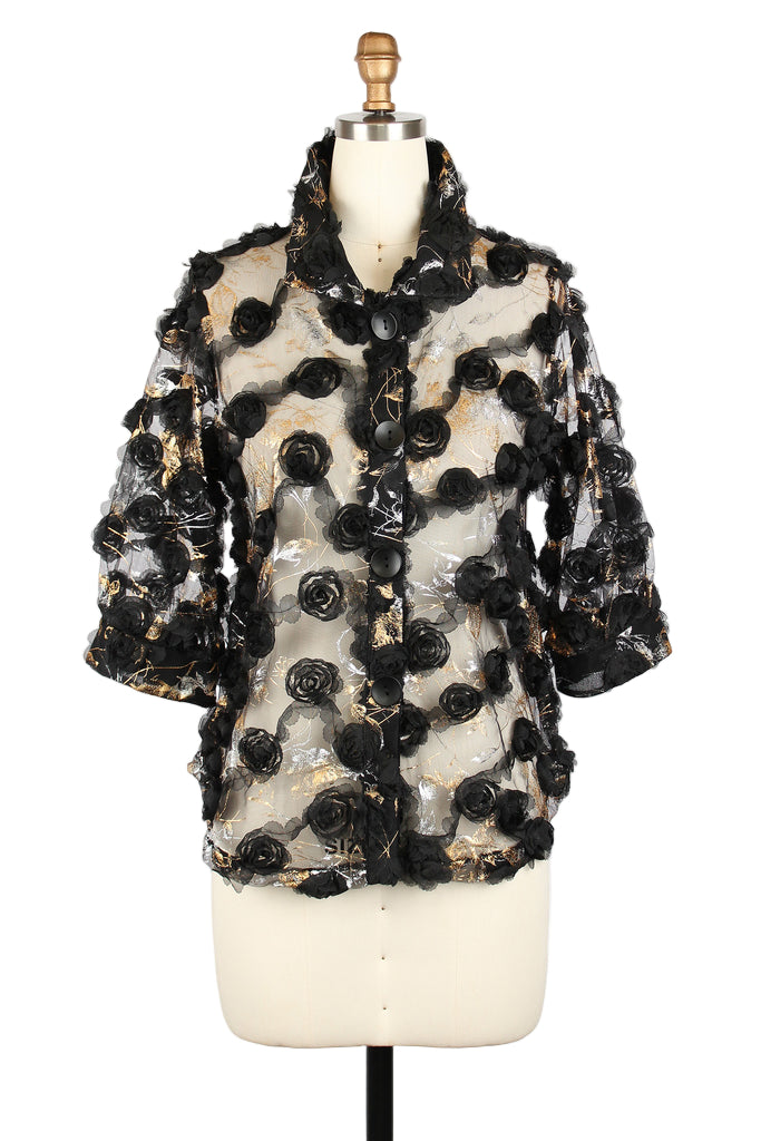 3D Rosette Mesh Jacket in Black, Gold & Silver - 7117