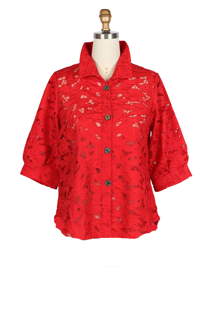 Lace Mesh High-Low Blouse in Red - 7122-RD