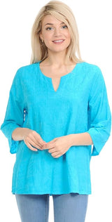 Mineral Wash Embroidered Voile Top in Turquoise- C630-TQ