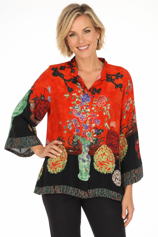 Asian Inspired Art Print Blouse in Red/Multi - 1213LMT