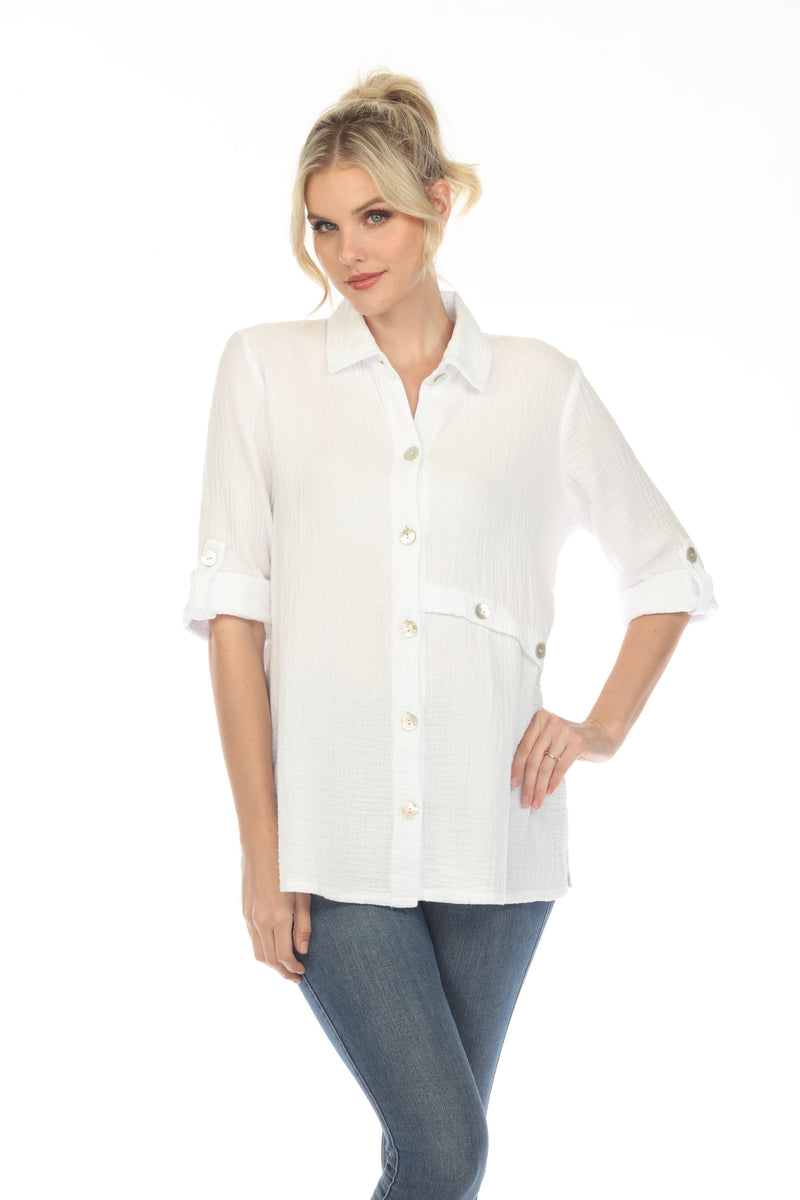 Focus Double Gauze Button Front Tunic Shirt in White - JG-201-WT