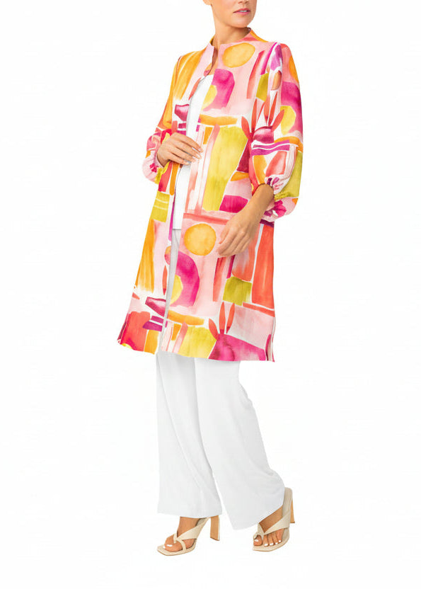 Abstract-Art-Print Open Front Duster in Pink/Multi - 7292J-PNK