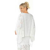 Laser Cut Poncho Top W/ Tassels in White - 4647T-WT