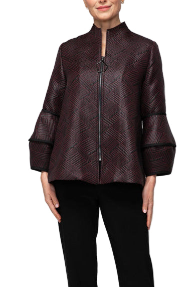 Textured Jacquard Zip Jacket in Wine & Black - 7366J