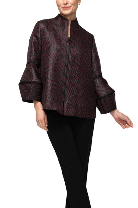 Textured Jacquard Zip Jacket in Wine & Black - 7366J