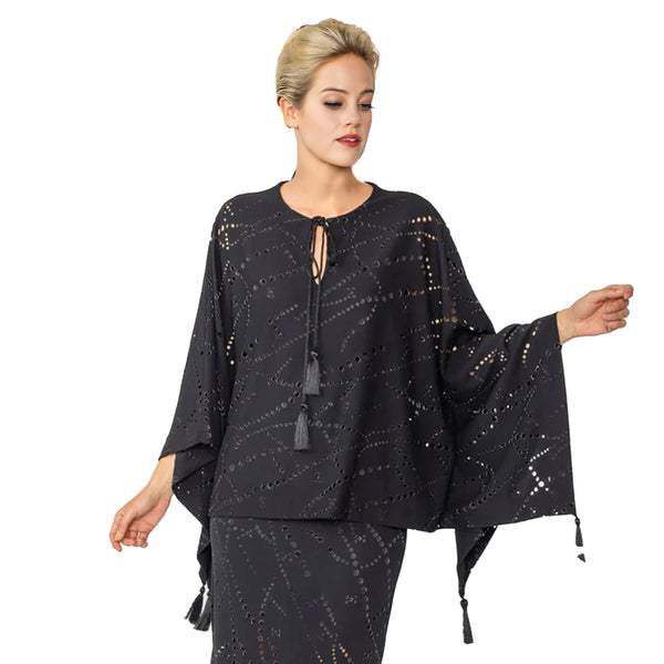 IC Collection Laser Cut Poncho Top W/ Tassels in Black - 4647T-BK