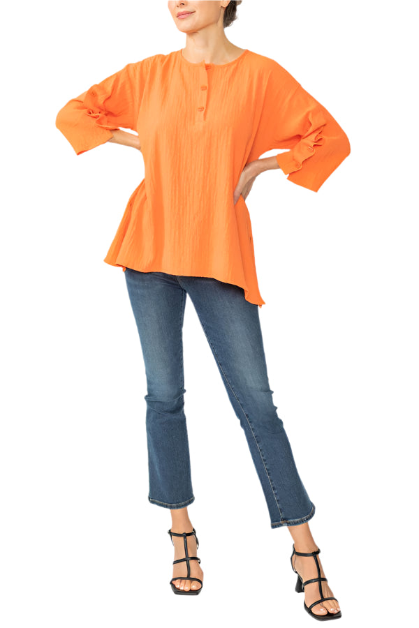 Ruched-Sleeve Hi-Low Tunic Top in Carrot - 7502T-CRT