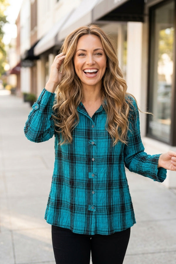 Crinkle Windowpane Tab Swing Shirt - 75109