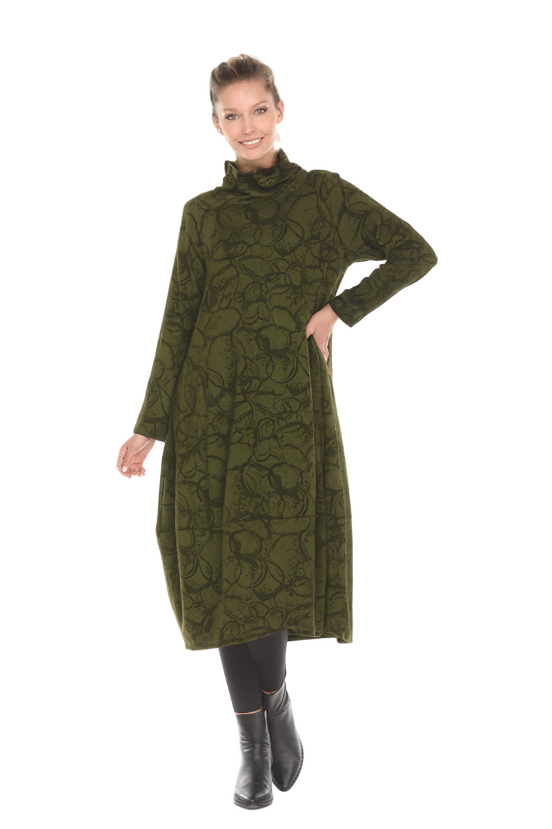Squiggle-Print Midi Dress in Antique Gold Green - D-3157 - Size XL Only